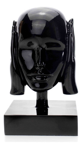 Escultura Máscara Rosto Surdo Em Cerâmica Preto 25x15 Cm