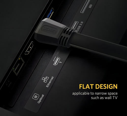 Cable de Audio y Video Hdmi Ugreen - HDMI 2.0 tipo Plano 4k A 60hz de 1.5 metros - Color Negro 18Gbps de PVC - para Tv / Monitor / Pc / Notebook / Consola / Proyector / Tv Box - ED015-50819