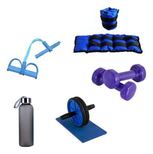 Kit Gym Full Mancuernas,tobilleras,botella,banda,rueda