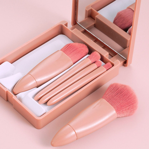 Kit De Pincéis De Maquiagem Rosa Pálido 5 Peças Com Espelho Rosa-pálido