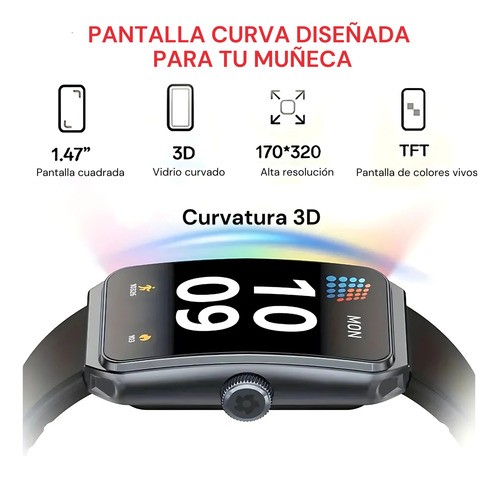 Smartwatch Reloj Inteligente Bluetooth 1.47'' Malla Silicona Plateado Negro Negro Negro