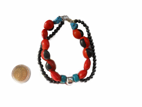 Pulsera Doble Cuentas Perlas Azul Rojo Negro  