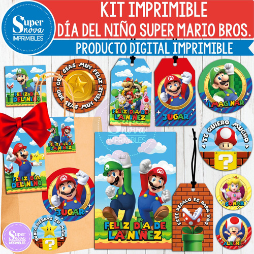 Kit Imprimible Día Del Niño Tags Stickers Super Mario Bros