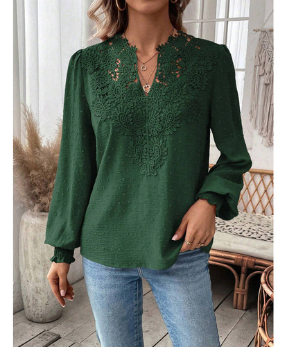 Camiseta Manga Larga Encaje Con Cuello En V Moda Para Mujer