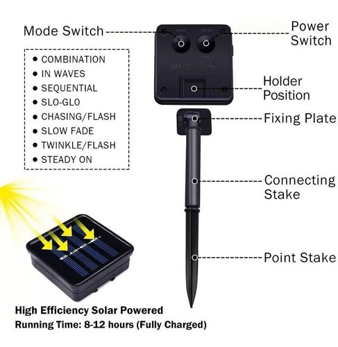 Imagen 7 de 9 de Guirnalda Luz 200 Led Solar 22m Exterior Navidad 8 Efectos