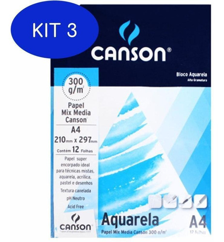 Kit 3 Bloco De Papel Canson Aquarela - 300g - A4 - 12 Folhas