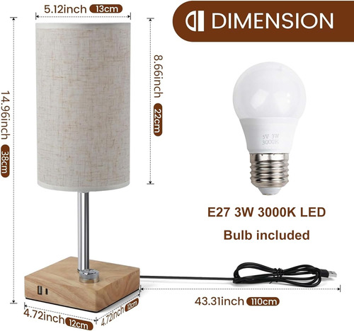 Lámpara De Mesa Con Puerto Usb, Lámpara De Noche Usb Regulab