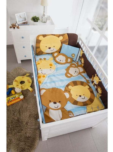 Set De Edredón Para Cuna De Bebe, 6 Pzas. Varios Diseños. Azul Blue Safari