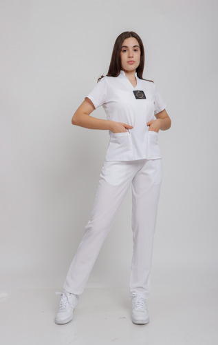 Scrub Dama Conjunto Quirúrgico Filipina Mao Corte Recto Blanco Lisa Ch