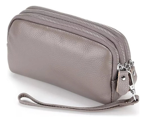 Cartera Larga De Piel Auténtica De 3 Capas Con Cierre