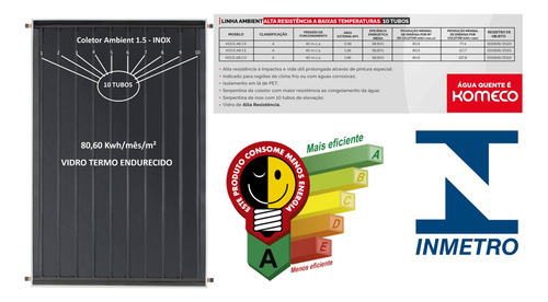 Coletor Solar Komeco 1,00x1,50 V Inox - Vidro Endurecido