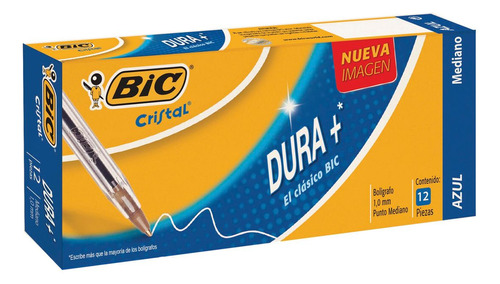 Bolígrafo Bic Cristal Dura+ Punto Mediano Azul 12 Pzas