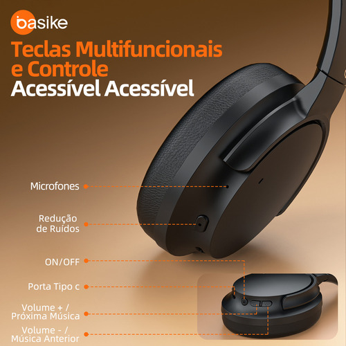 Basike BA-FON168 fone de ouvido over-ear bluetooth sem fio com anc ativo 80h bateria áudio hd graves intensos espuma com memória perfeito para viagens e home office Preto