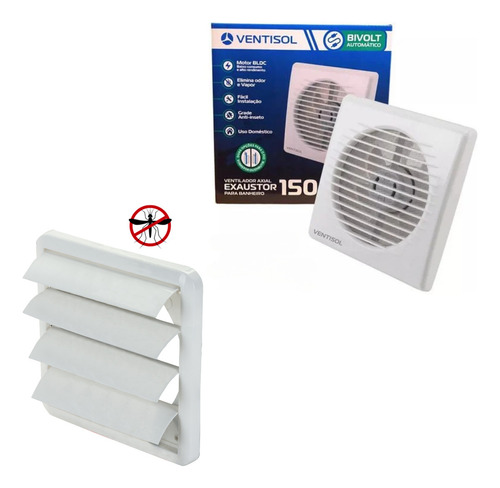 Kit Exaustor Banheiro 15cm C/ Veneziana Grade Anti Inseto