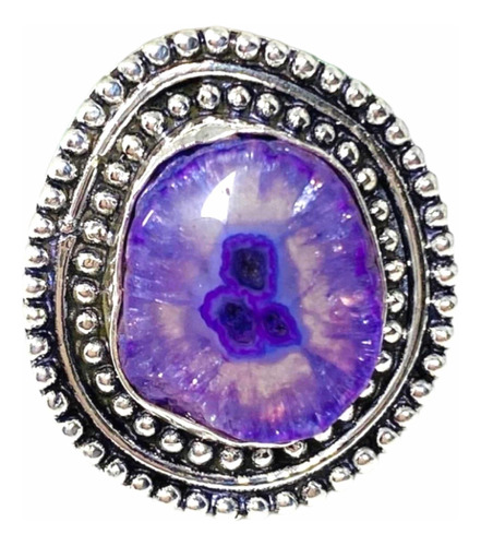 Anillo Plata 925 Cuarzo Solar Geoda Morado 100% Natural N16