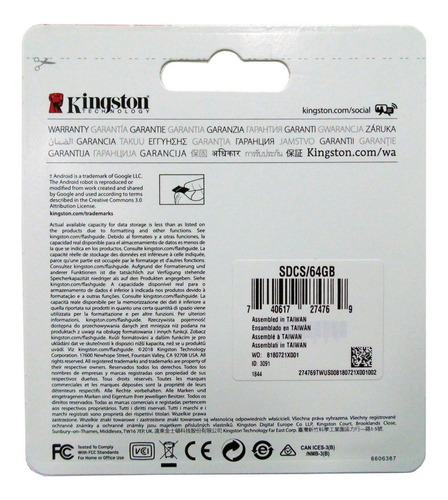 Memoria Micro Sdxc Kingston 64gb Canvas Clase 10 Original