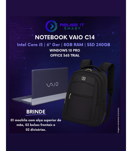 Notebook Vaio 14 - Core I5 - 8a Ger - 8gb Ram - Ssd 240gb Cinza (Usado)