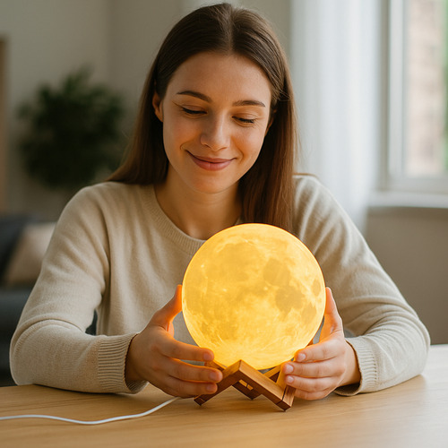 Luminária Lua Cheia 3d Rgb Led Controle Touch Usb Marrom Branco