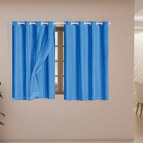 Cortina Blackout Pvc Com Tecido Voil 2,00 X 1,40 Veda Luz Cor Azul