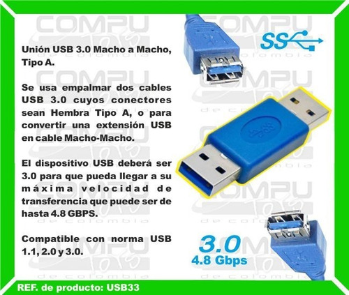 Unión Usb 3.0 (macho - Macho) Ref: Usb33 Computoys Sas