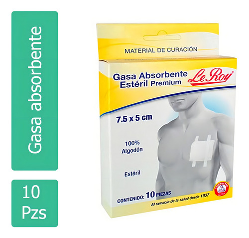 Gasa Absorbente Estéril Algodón Premium Curación Leroy 10pzs