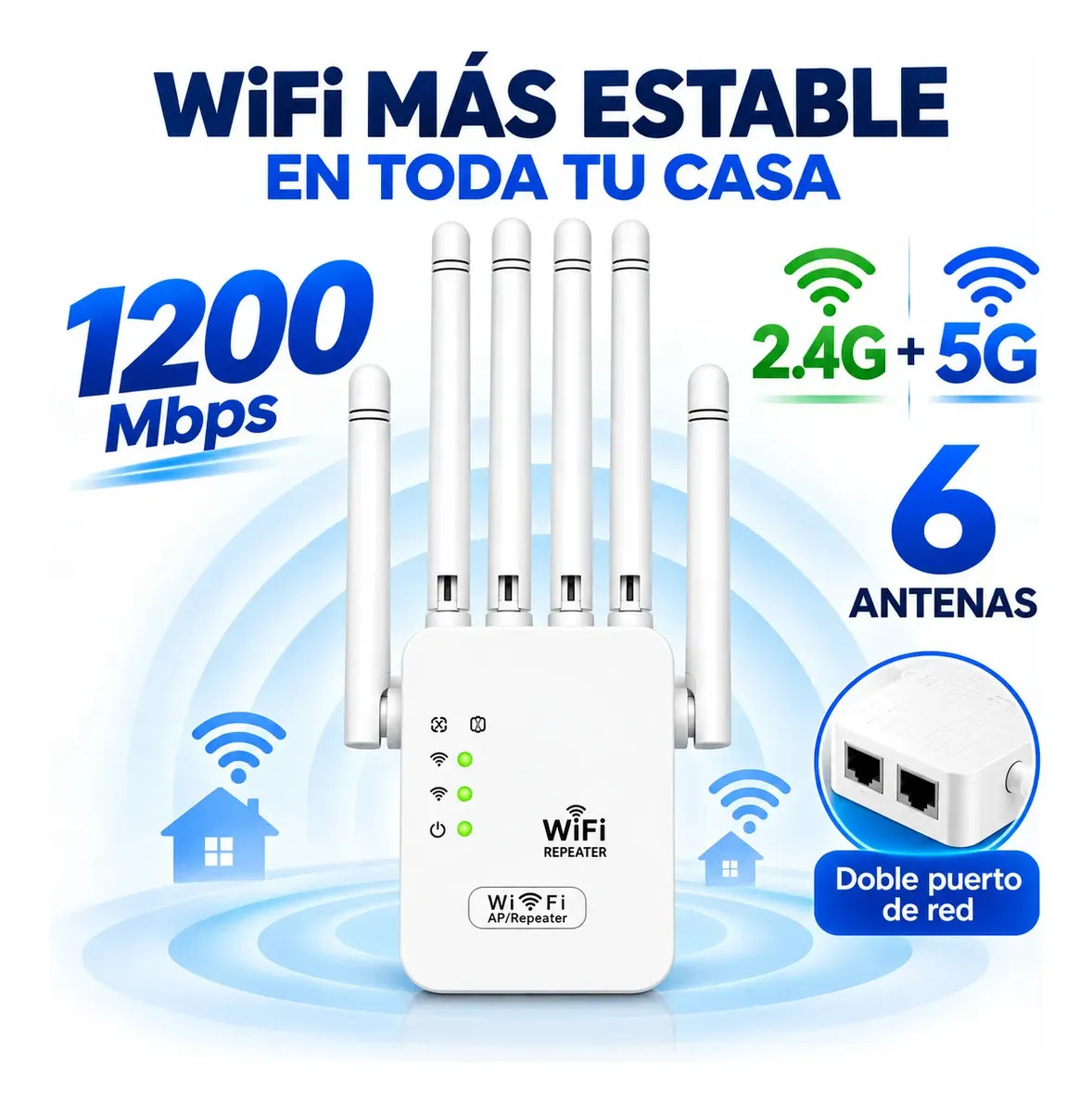 1200 Mbps extensor amplificador WiFi doble banda 5G+2.4G, 6 antenas, buena penetración de pared para hogar y oficina.
