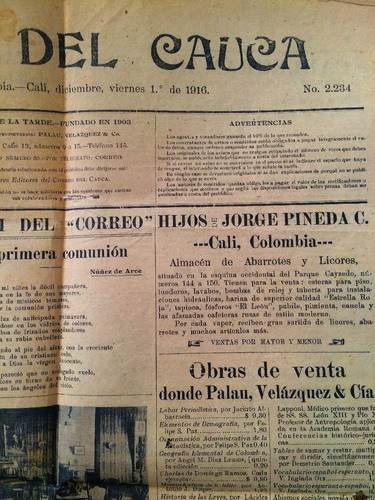 Periodico Antiguo Correo Del Cauca 1916 Wwi Cali