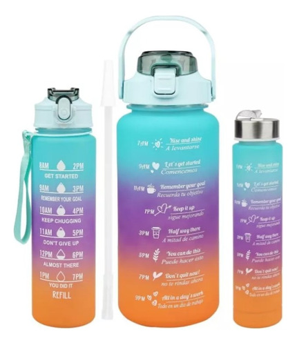 Botella Motivacional Set 3 Pcs 2 Litros + 900 Ml + 300 Ml