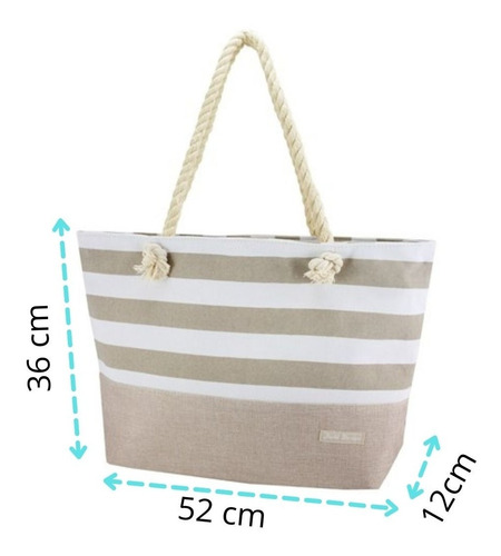 Imagem 3 de 6 de Bolsa De Praia Feminina Amplo Espaço Interno Com Listra Bege