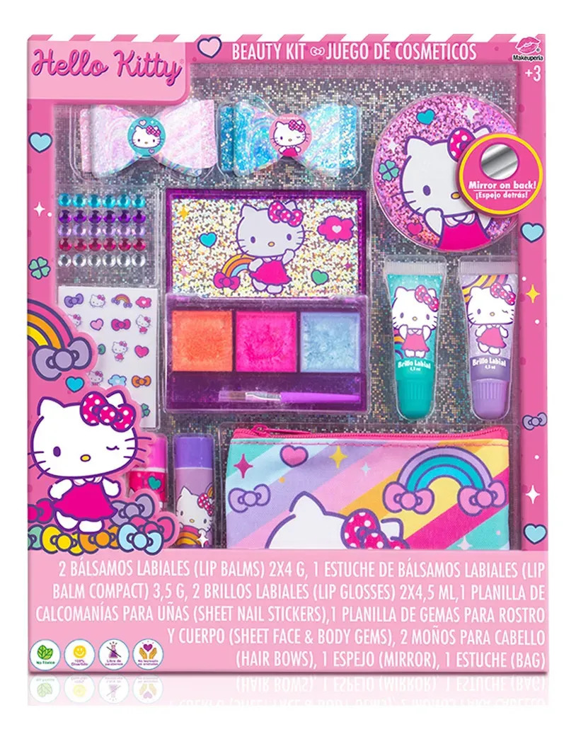 Makeuperia Beauty Kit Hello Kitty Sanrio, Set De Maquillaje Infantil Con Brillos, Bálsamos, Espejo, Stickers y Moños, Cosméticos Infantiles No Tóxicos, Juguete Seguro Para Niñas