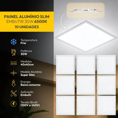Kit 10 Painel Led Plafon Aluminio Embutir 30w 6500K Branco Frio 40x40Cm Quadrado
