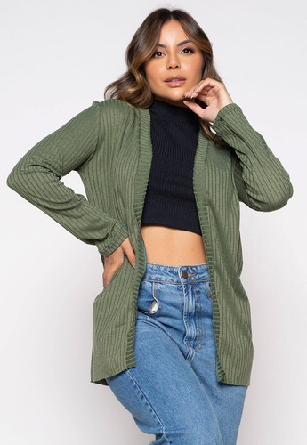 Imagem 3 de 9 de Cardigan Moda Blogueira Manga Longa Canelada Inverno Kimono