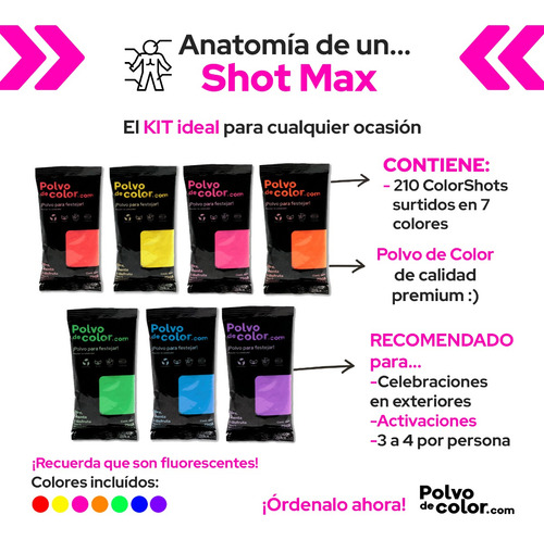 Imagen 2 de 7 de Shot Max 210pzs - Polvo De Color Polvo Holi Fluorescente