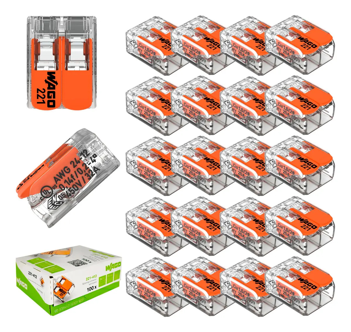 Kit 200 Conector Wago Compacto Emenda 2 Fios 4mm 32a 221-412