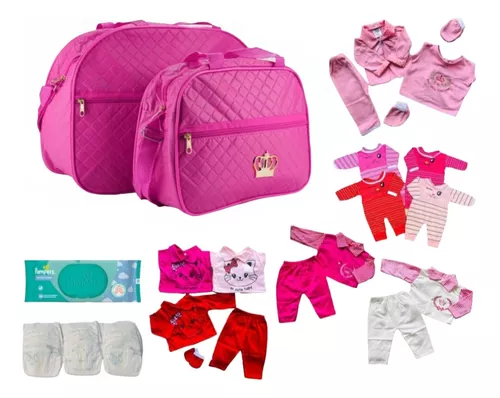 Conjunto P Bebê Reborn Roupa Fralda E Bolsa Maternidade Rosa