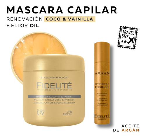 Mascara Capilar Coco y Vainilla 270gr + Mythical Elixir Oil Fidelite Aceite de Argan Serum Reparador Brillo 10ml Regalo Travel Size Linea Renovación