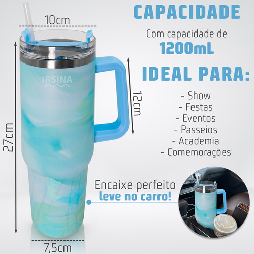 Garrafa Térmica 1200ml Estilo Aquarela Degradê Tampa Transparente Com Canudo Alça Lateral Bebida Fria Ou Quente Carro Festa Evento Aço Inox Cor Azul Irsina