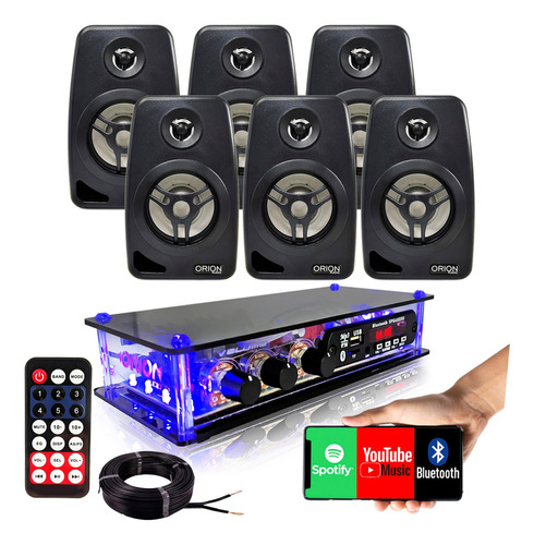 Kit Som Amb Amplificador Bluetooth + 6 Caixas Acust+20m Fios