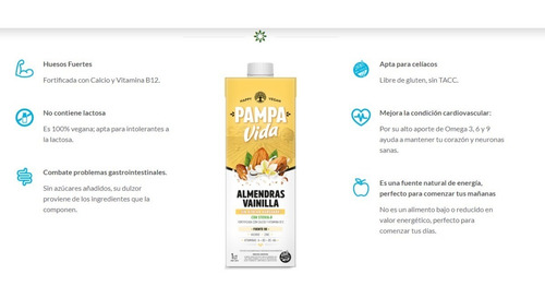 Imagen 4 de 5 de Leche Almendra Vainilla S/azúc Stevia Pampa Vida 8l- S/ Tacc