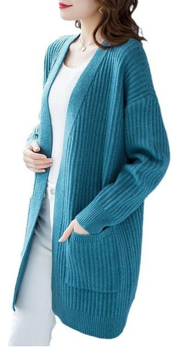 Suéter De Color Sólido Cárdigan De Punto Abrigo Suelto