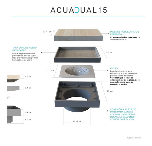Imagen 3 de 8 de Desague 15x15 Vista Dual Porcel/inox. Acuadual Baño Me