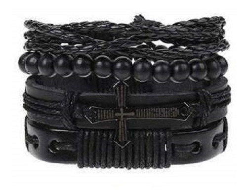 Pulsera Brazalete Cuero Trenzado Cruz Dark 4 En 1