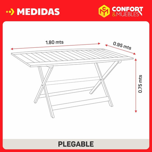 Imagen 6 de 7 de Mesa Madera Patas Plegable 1.80x95cm + 8 Sillas Plegables