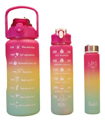 Set Termo Motivador Plástico Libre De Bpa 3 Piezas Deportivo Color Fucsia/Amarillo/Verde