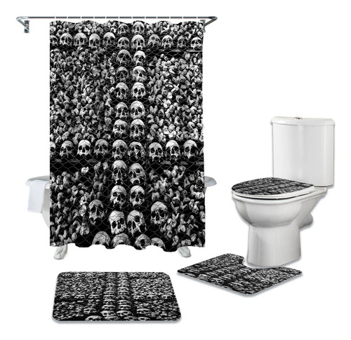 4pcs Set De Cortina De Ducha Impermeable Calavera Negra