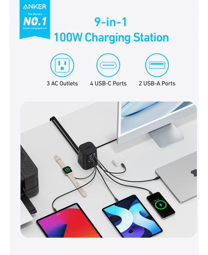 Estación De Carga Anker 100 W 9 En 1 Usb C Power Strip 4 Usb