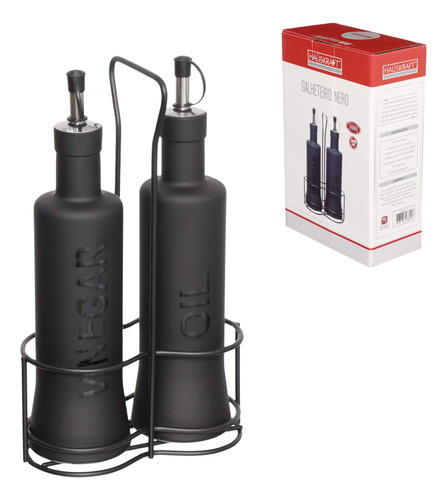 Galheteiro Vidro Nero Vinagreiro E Azeiteiro C/ Suporte Aço