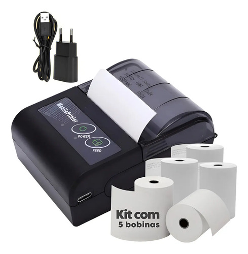 Mini Impressora Portatil Bluetooth Kit C/ 5 Bobinas Impressora Preta 110 240v (bivolt)