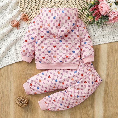2pcs Conjunto Chaqueta Con Capucha Estampado Osito Para Niña Rosa 2-3 A