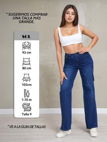 Jeans Cargo Mezclilla Azul Stretch Tiro Alto Pushup Ypd696